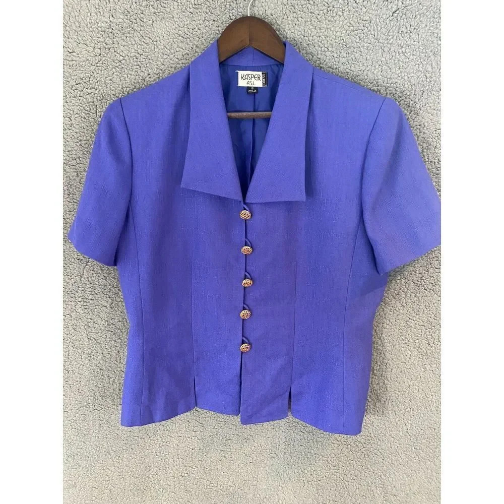 Kasper‎ ASL womens button up blouse Size 16 blue metal button accent v neck